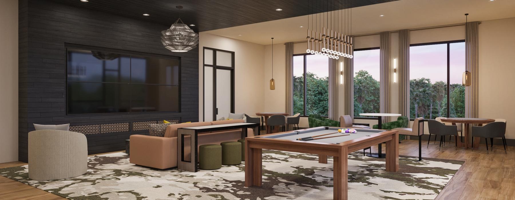 a room with tables and chairs